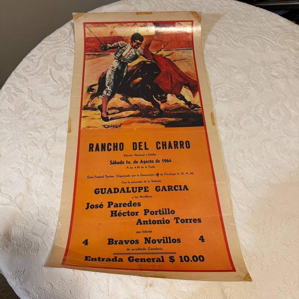 1961 Vintage Bullfighting Poster with Matador‎ Authentic Laminated 30”x15”